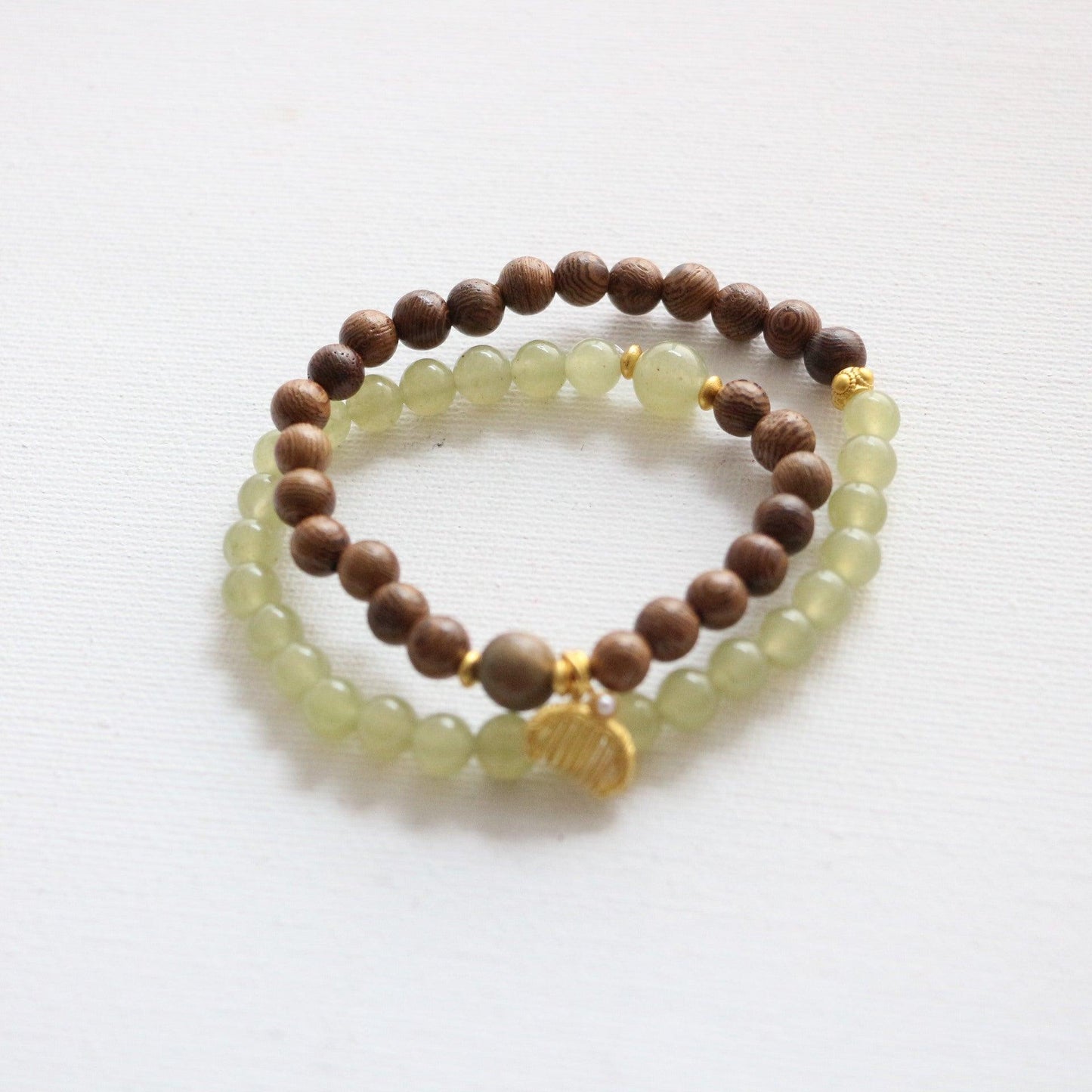 Zen-Inspired Wooden Beads & Jade Stone Color Block Double Layer Stackable Bracelet – Vintage Luxurious Elegant Hand Jewelry