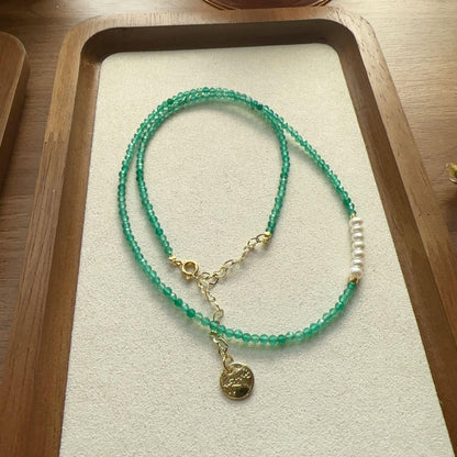 Natural Stone Necklace with Green Gemstone Beads and Freshwater Aurora Pearls