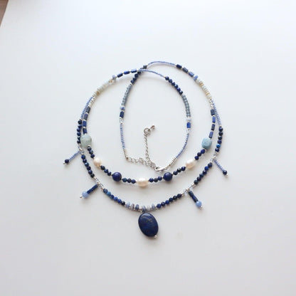 Natural Lapis Lazuli Shell Piece Blue Crystal Double Layer Necklace - Niche Beaded Necklace