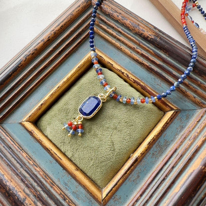 Dunhuang Color Natural Stone Beaded Necklace - Handmade Unique Blue and Orange