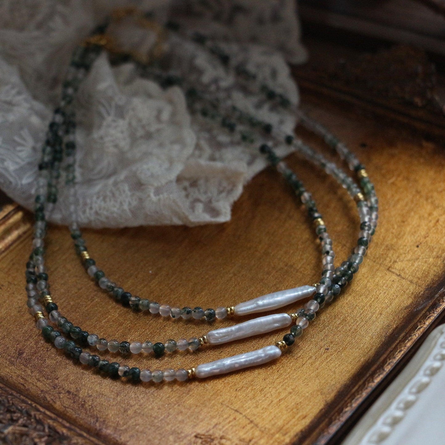 Natural Water Grass Agate Clavicle Chain – Small Silver Stick Bead Necklace Handmade