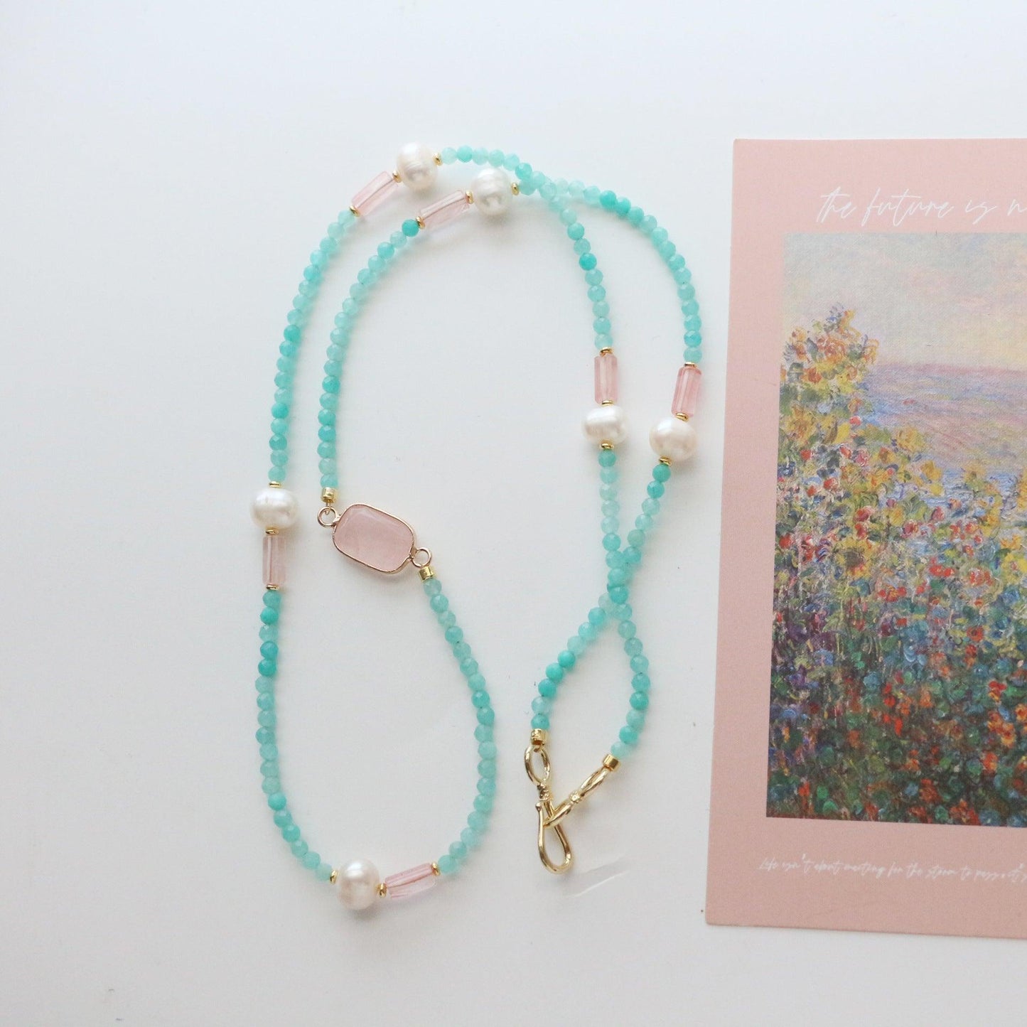 New Tianshan Green Meets Peach Pink Crystal Natural Stone Beaded Long Necklace – Original Design