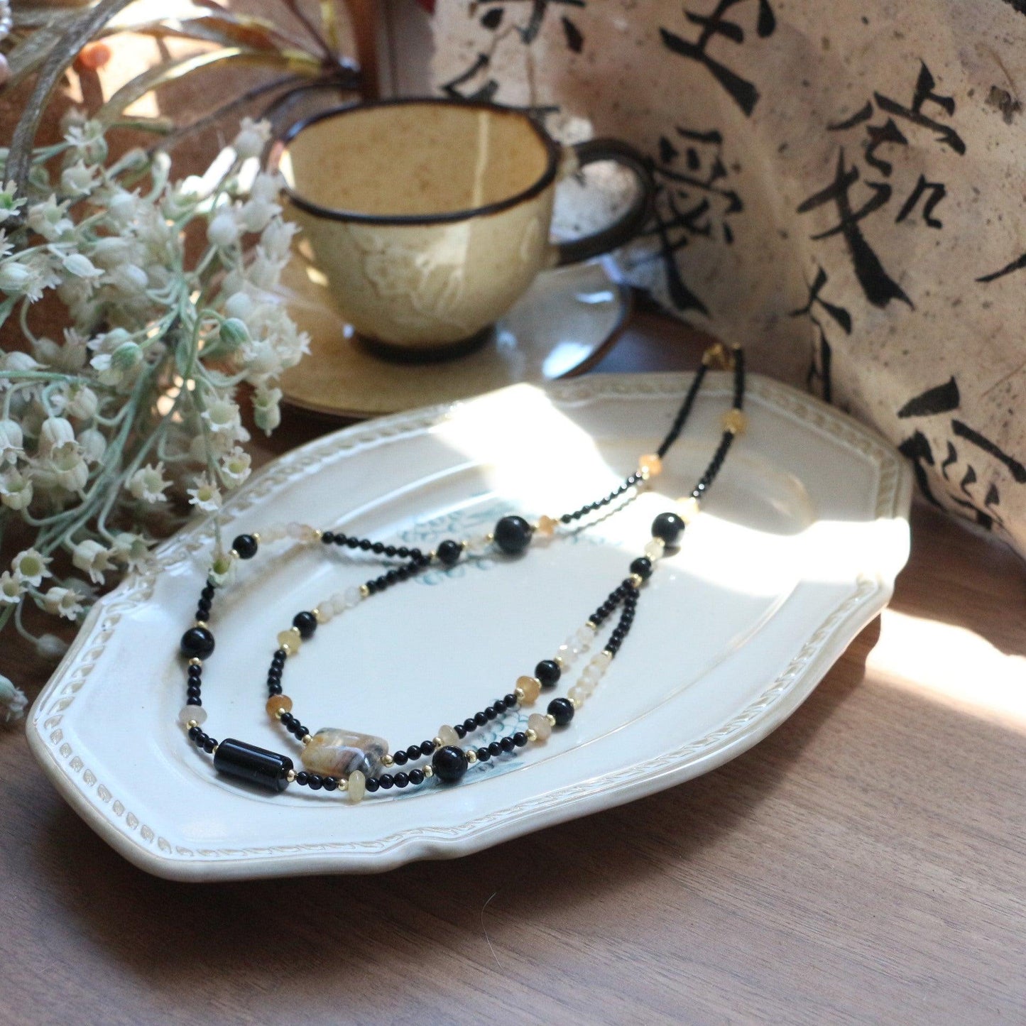 7A Grade Natural Black Onyx & Citrine Double Layer Beaded Necklace – Elegant Collarbone Chain Jewelry