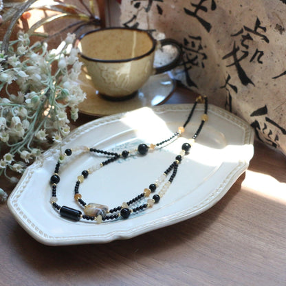 7A Grade Natural Black Onyx & Citrine Double Layer Beaded Necklace – Elegant Collarbone Chain Jewelry