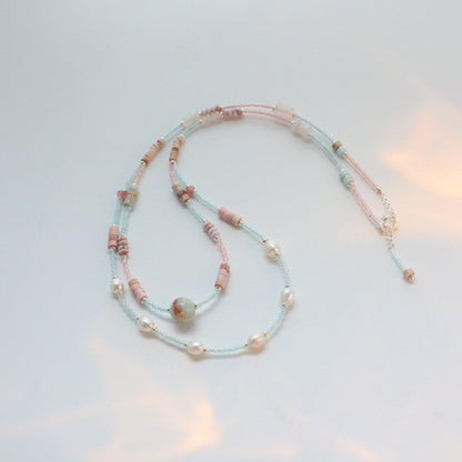 Pink Striped Stone White Jade Shell Bead Necklace – Elegant Handmade Jewelry