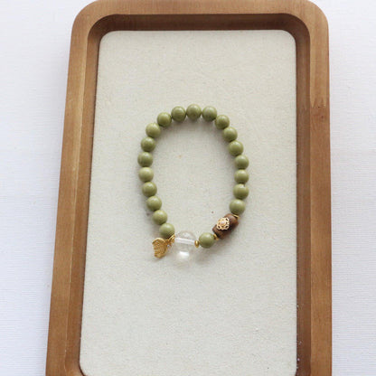 New Chinese Style Natural Alashan Bracelet - Gold Plated Copper Comb, White Crystal, Avocado Green Round Bead Bracelet, Agarwood Bracelet