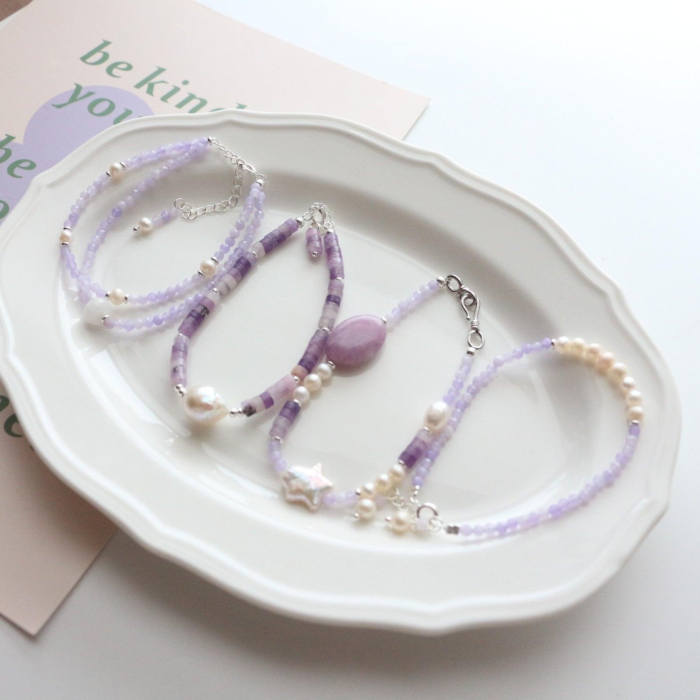 New Amethyst Lilac Stone Series Natural Bead Necklace, Bracelet & Wrist Mala Set