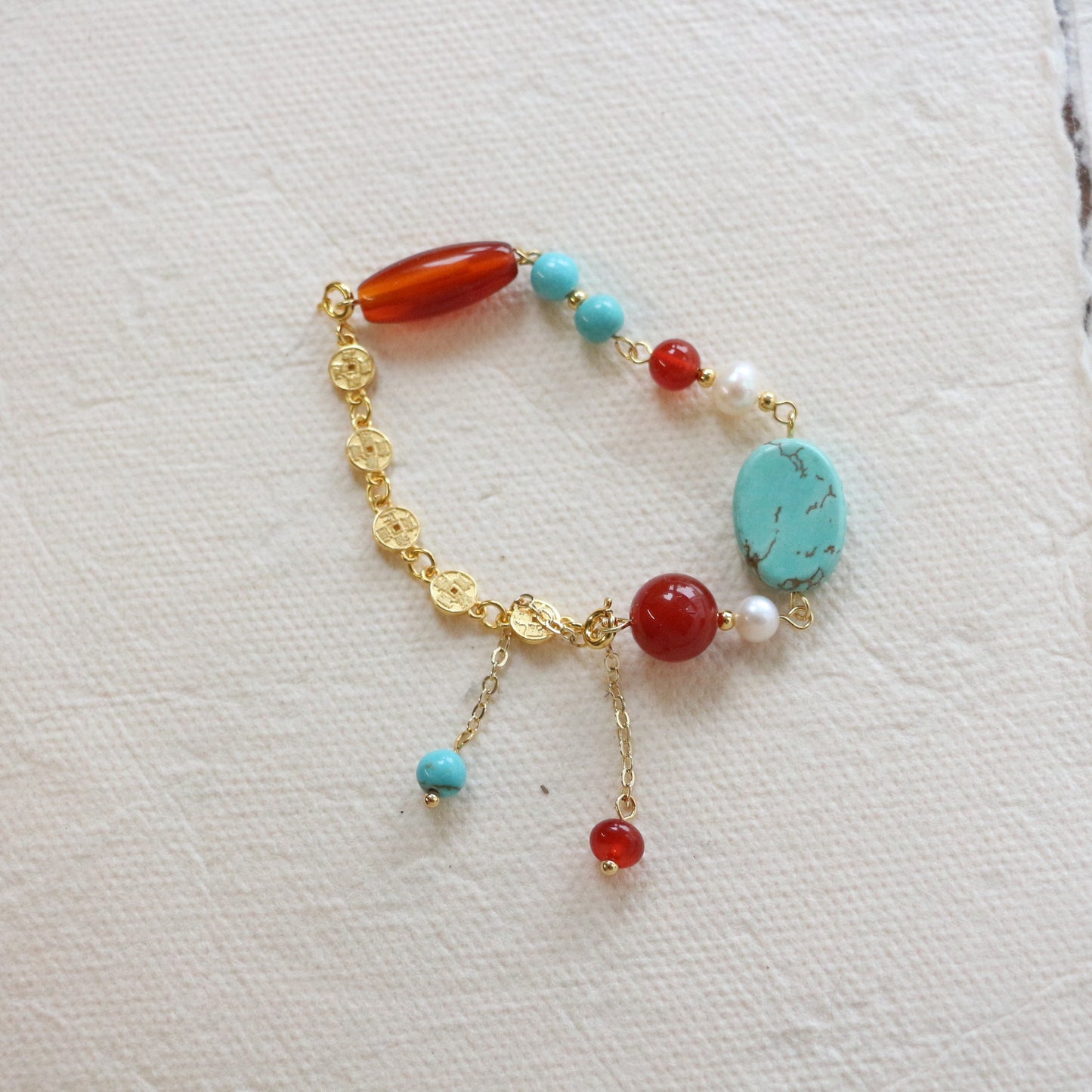 New arrivals Dunhuang Traditional Color Handbead Bracelet with Red Agate, Turquoise Pendant & Tasse