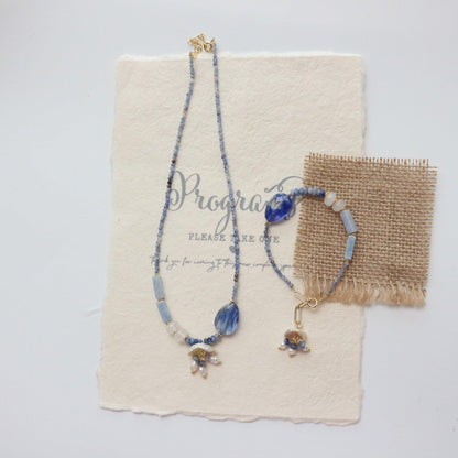 Vintage Jiangnan Blue Handmade Beaded Necklace and Bracelet Set