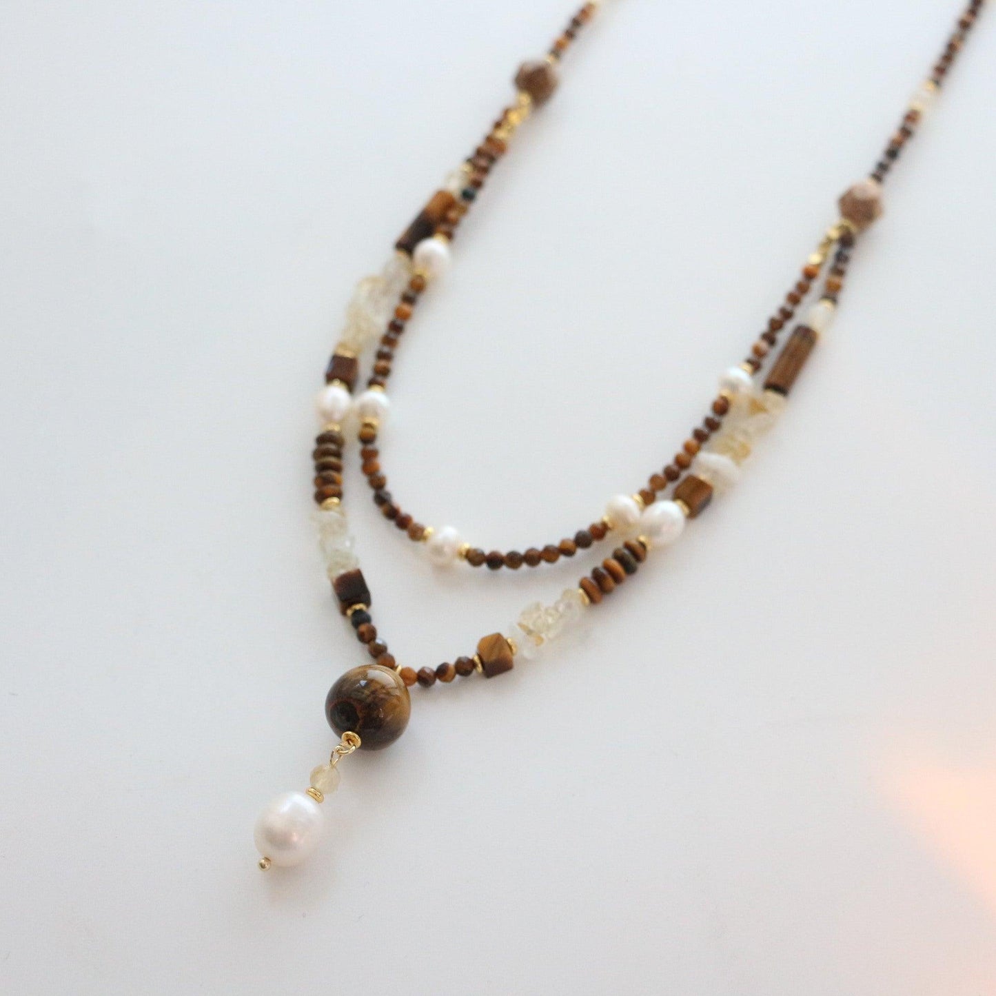 Murad Natural Tiger's Eye & Citrine Beaded Necklace – Double Layer Collarbone Chain with Vintage Freshwater Pearl Pendant