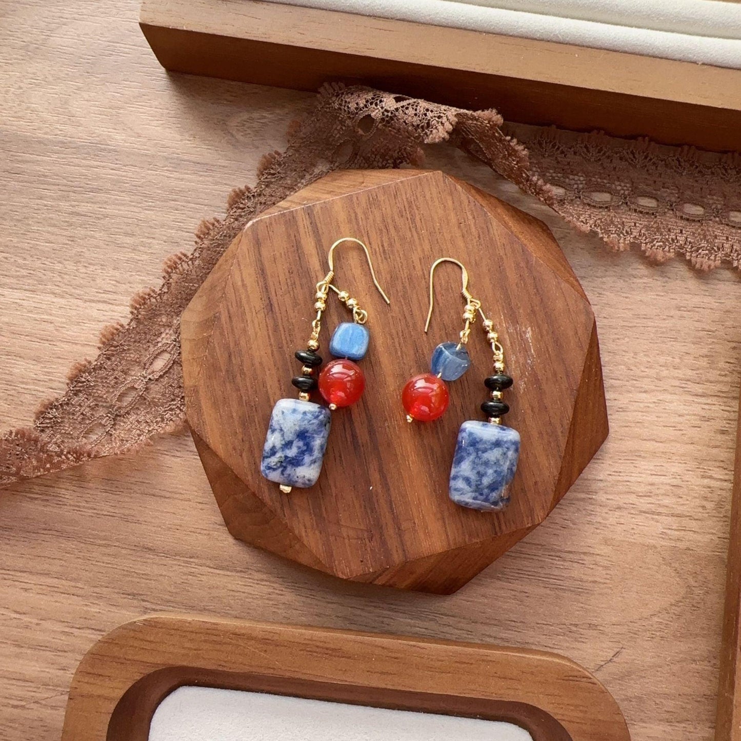 Natural Stone Original Design Hook Earrings – 925 Silver Dunhuang Red, White, and Blue Vintage Ethnic Style Earrings