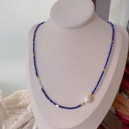 Lapis Lazuli Agate Pearl Dunhuang Natural Stone Beaded Necklace – Handmade Niche Ink-Wash Style Choker