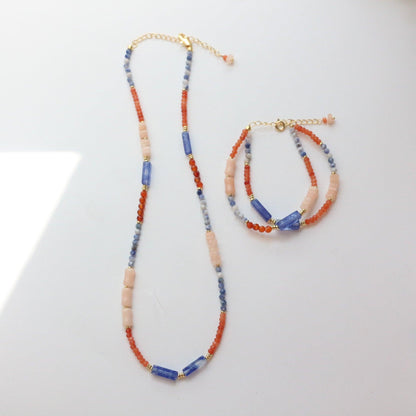 Orange-Blue Color Block Beaded Necklace | New Chinese Style