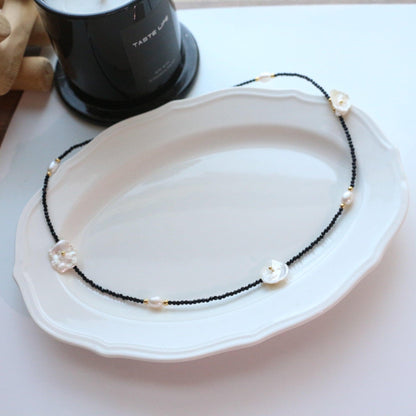 Simple Sweet Cool Style Natural Stone Black Spinel Beaded Fine Necklace Flower Pearl Ring Collarbone Chain