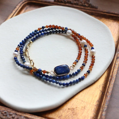 New Orange Garnet, Lapis Lazuli & Baroque Pearl Long Sweater Chain Vintage Necklace – Dunhuang Style for Women