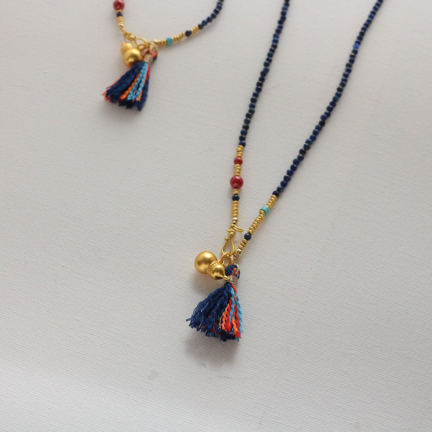 Vintage Lapis Lazuli String Minimalist Sand Gold Gourd Handmade Tassel Necklace