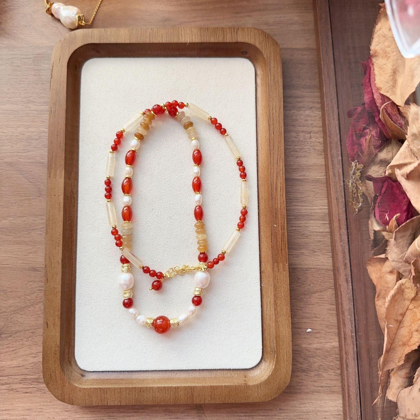 7A Grade Red Agate Yellow East Amber Freshwater Pearl Dunhuang Sweater Chain - Unique Creative Beaded Necklace