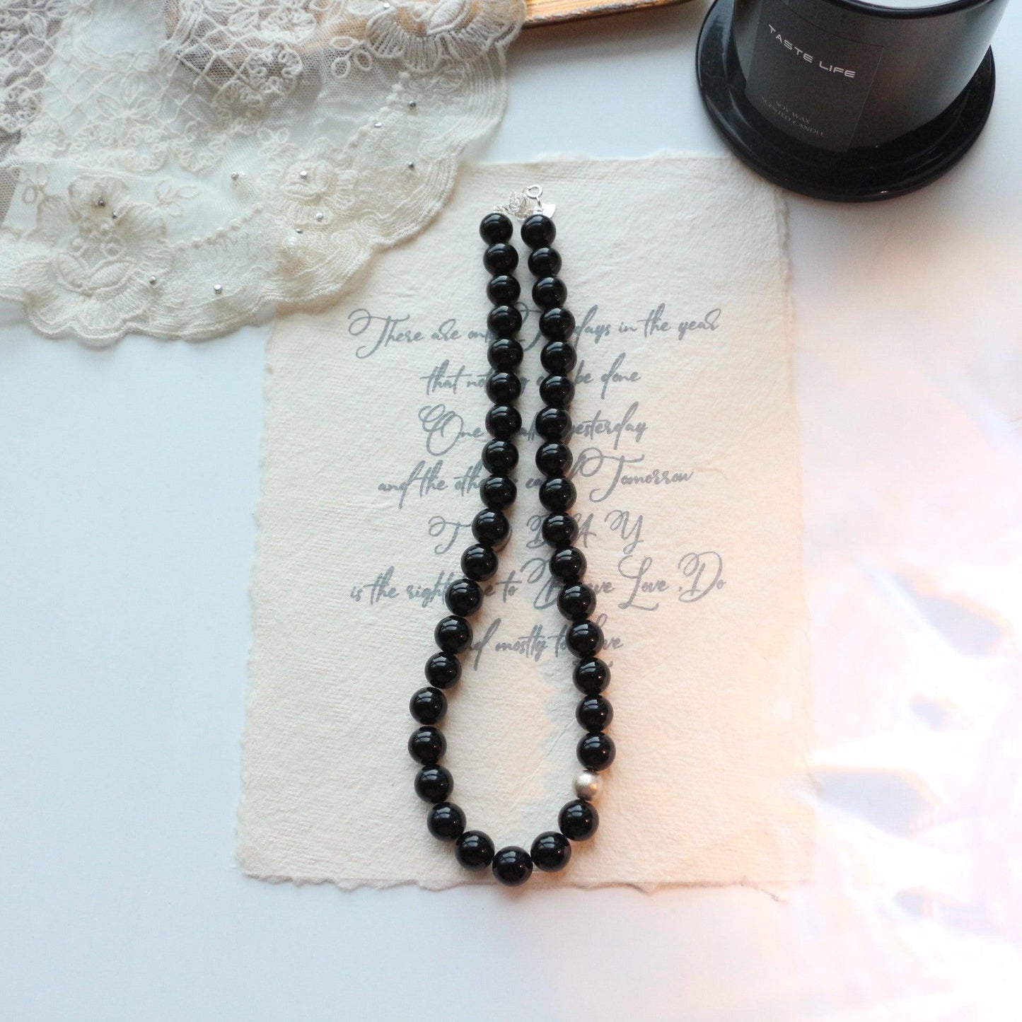 Vintage 7A Natural Black Onyx Beaded Necklace | Collarbone Chain