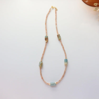 Aquamarine Blue Calcite & Sunstone Double Layers Necklace & Bracelet – Natural Stone Beaded Jewelry