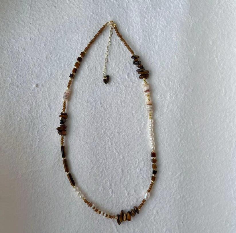 Tiger Eye & Malard Brown Coffee Natural Stone Beaded Necklace – Handcrafted Original Niche Accessory