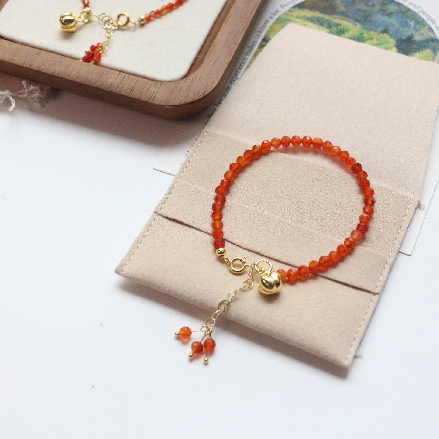 Small Gold Persimmon Pendant Bracelet – Retro Country Style with Orange Red Agate, Green, and Blue Natural Stone Beads