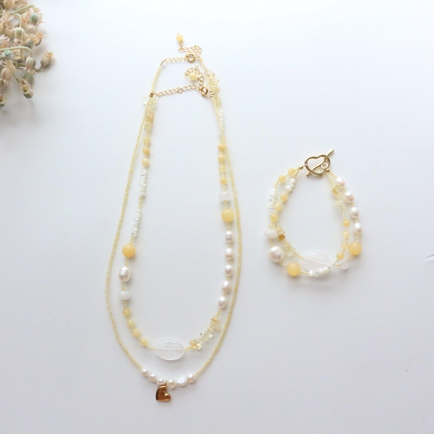 Sweet Light Luxury Yellow Crystal Beads Necklace – Natural Pearls Collarbone Chain Niche Bracelet