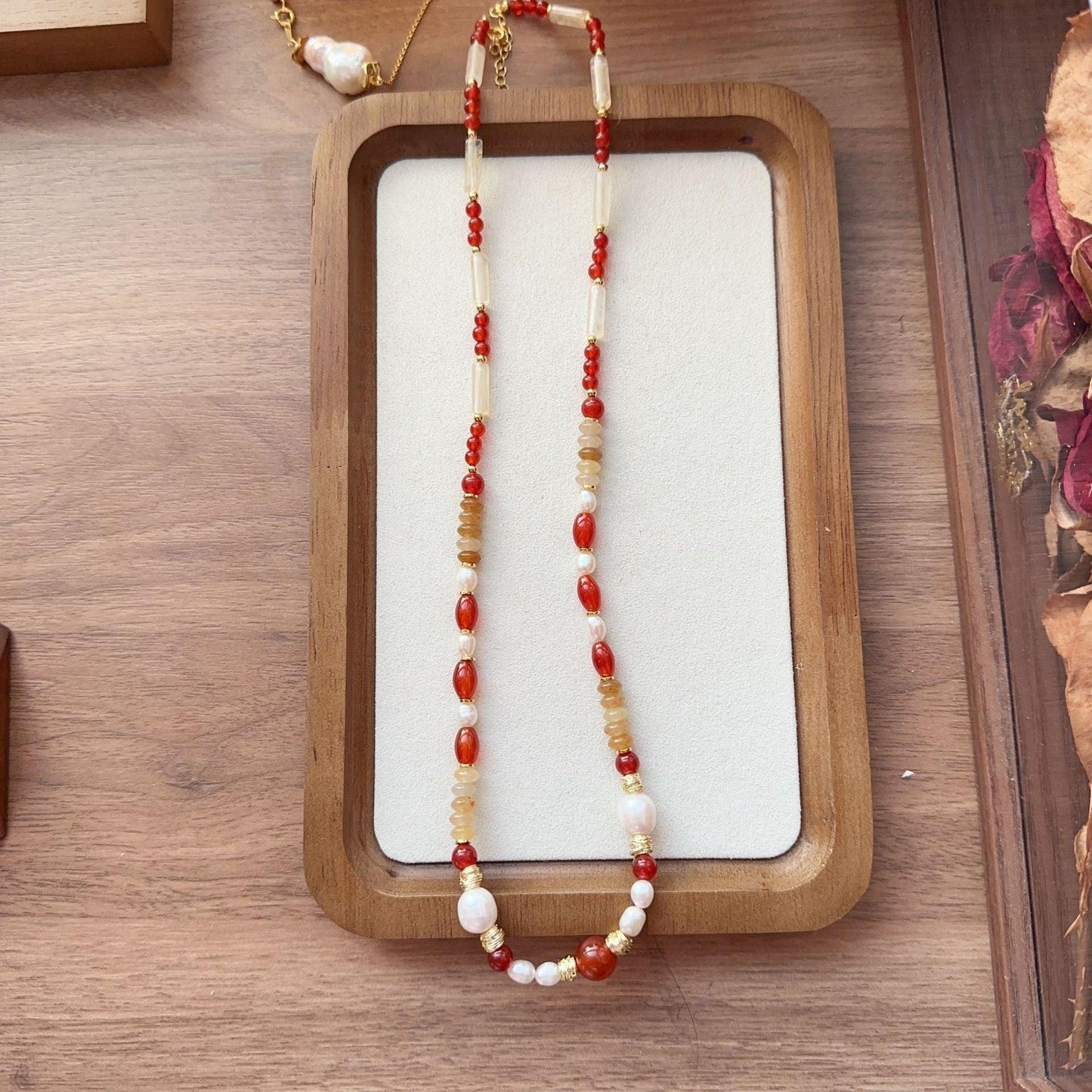 7A Grade Red Agate Yellow East Amber Freshwater Pearl Dunhuang Sweater Chain - Unique Creative Beaded Necklace