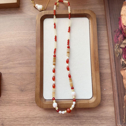 7A Grade Red Agate Yellow East Amber Freshwater Pearl Dunhuang Sweater Chain - Unique Creative Beaded Necklace