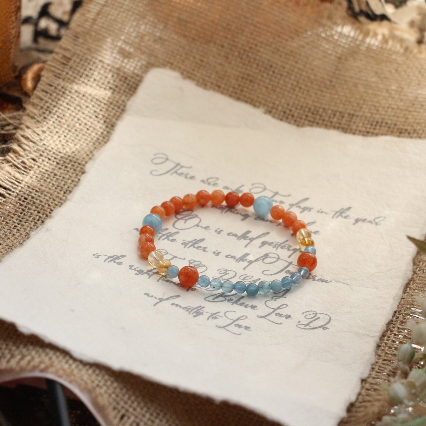 Kids Aquamarine Beaded Bracelet - Vibrant Candy Color Orange & Blue Natural Stone Adjustable Jewelry