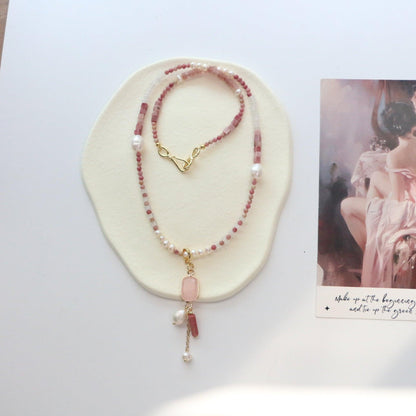 Pink Vintage Natural Stone Red Agate & Strawberry Quartz Necklace – Elegant Beaded Jewelry