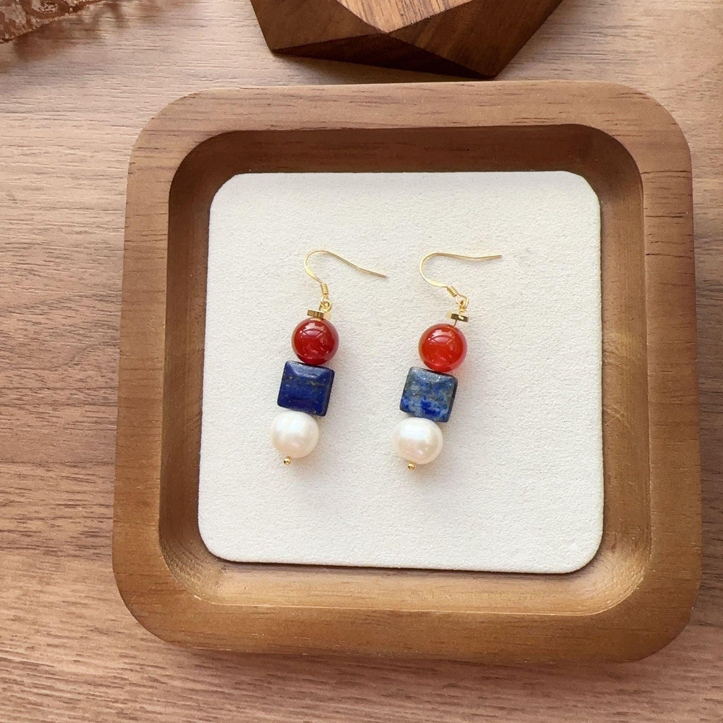 Natural Stone Original Design Hook Earrings – 925 Silver Dunhuang Red, White, and Blue Vintage Ethnic Style Earrings