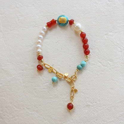 New arrivals Dunhuang Traditional Color Handbead Bracelet with Red Agate, Turquoise Pendant & Tasse