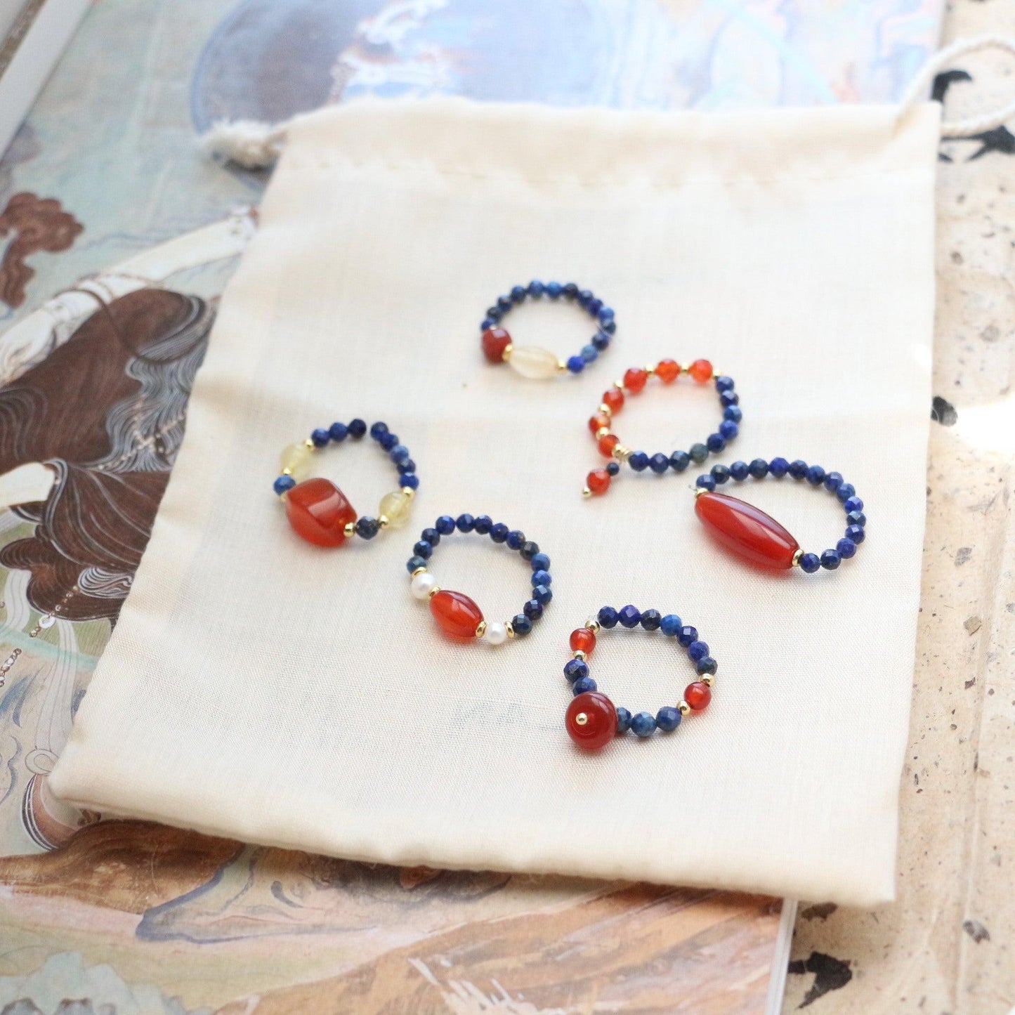 New Chinese Ethnic Style Lapis Lazuli & Yellow Crystal Bracelet – Dunhuang Style Red Agate Beaded Ring