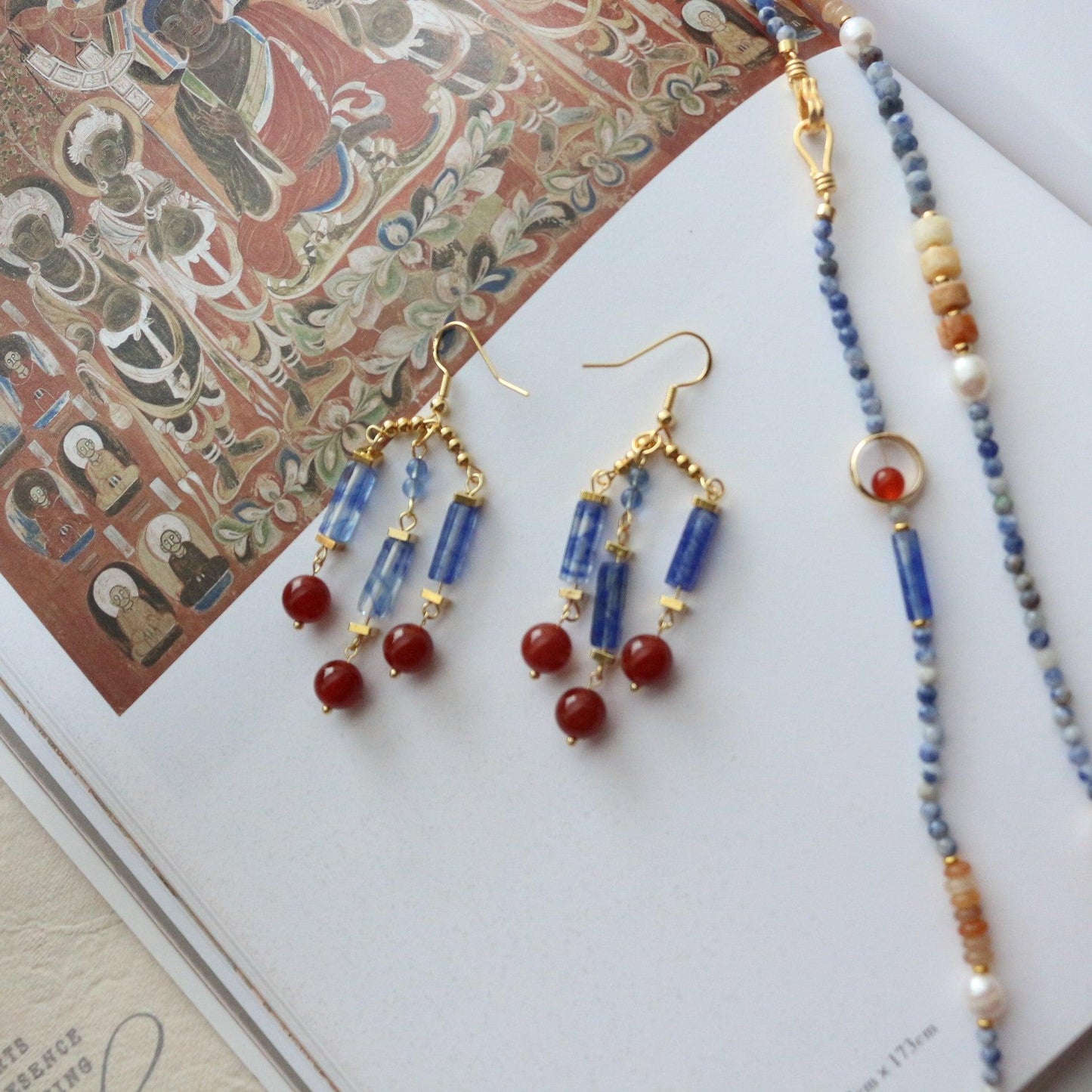 Elegant Dunhuang-Style Blue & Red Natural Stone Beaded Hook Earrings