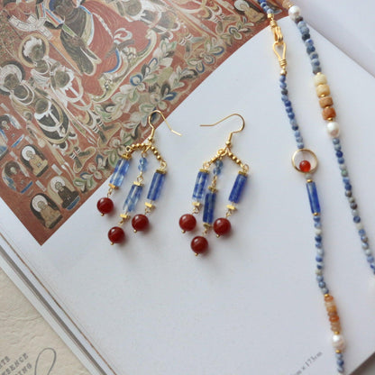 Elegant Dunhuang-Style Blue & Red Natural Stone Beaded Hook Earrings