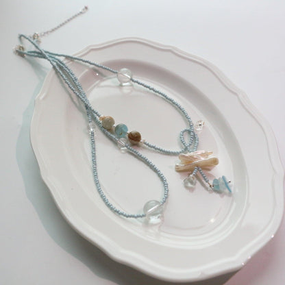 New Chinese Style White Crystal Pendant Necklace with Gradient Fluorite, Aquamarine Beads, Freshwater Pearl Choker