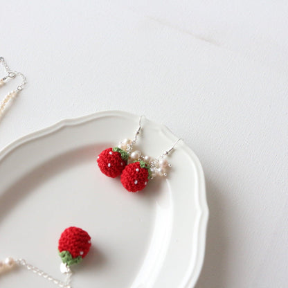 New 925 Silver Freshwater Pearl Necklace with Cute Red Strawberry Earrings and Sweet Bracelet