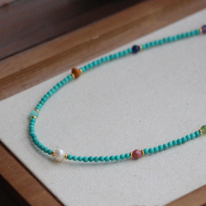 Raw Turquoise & Magnesite Turbinado Fine Necklace – Mixed Color Natural Stone Beads