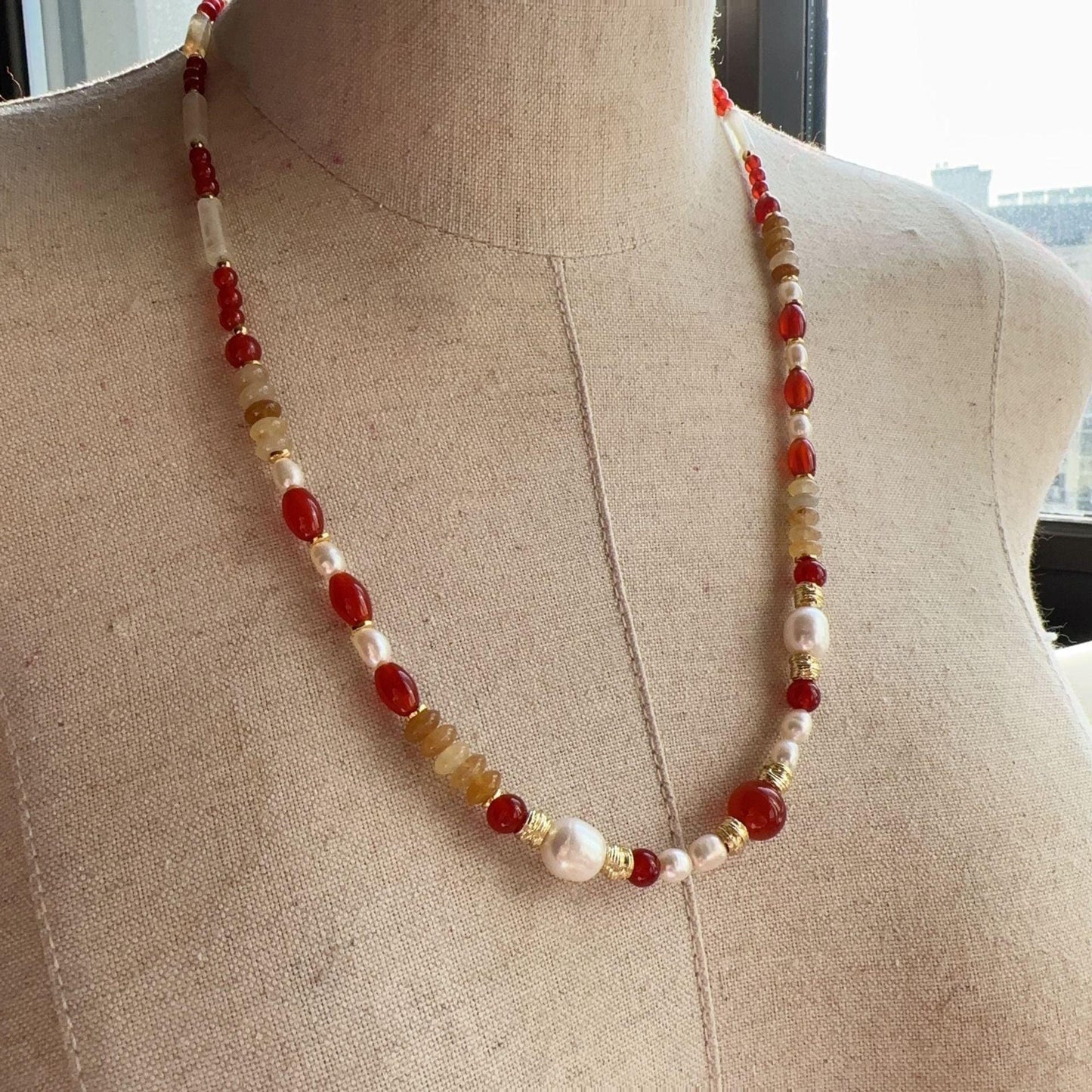 7A Grade Red Agate Yellow East Amber Freshwater Pearl Dunhuang Sweater Chain - Unique Creative Beaded Necklace