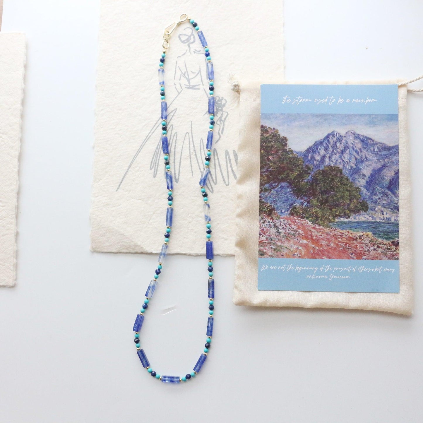 Vintage Turquoise & Crystal Blue Natural Stone Long Necklace – Cuban Style