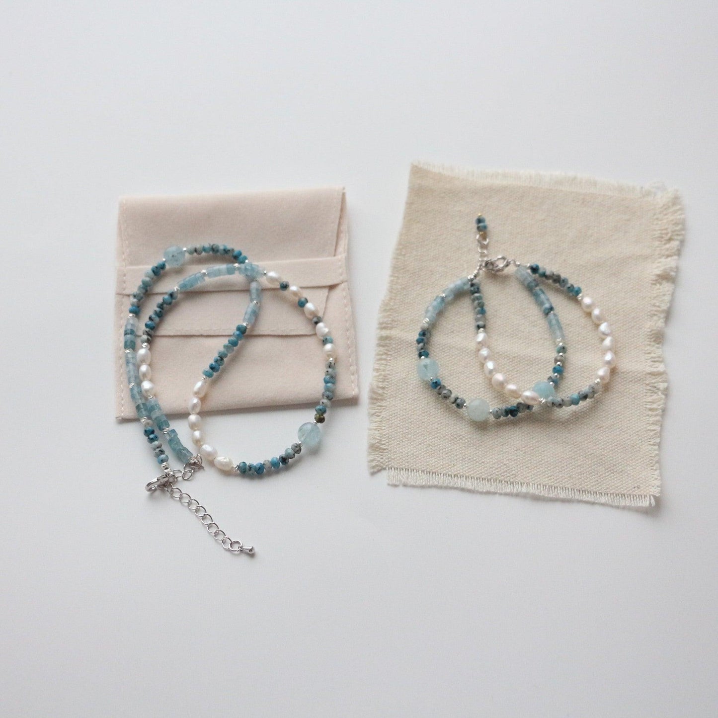 Aquamarine Blue Ore Beaded Necklace & Freshwater Baroque Pearl Bracelet Set | Short Necklace