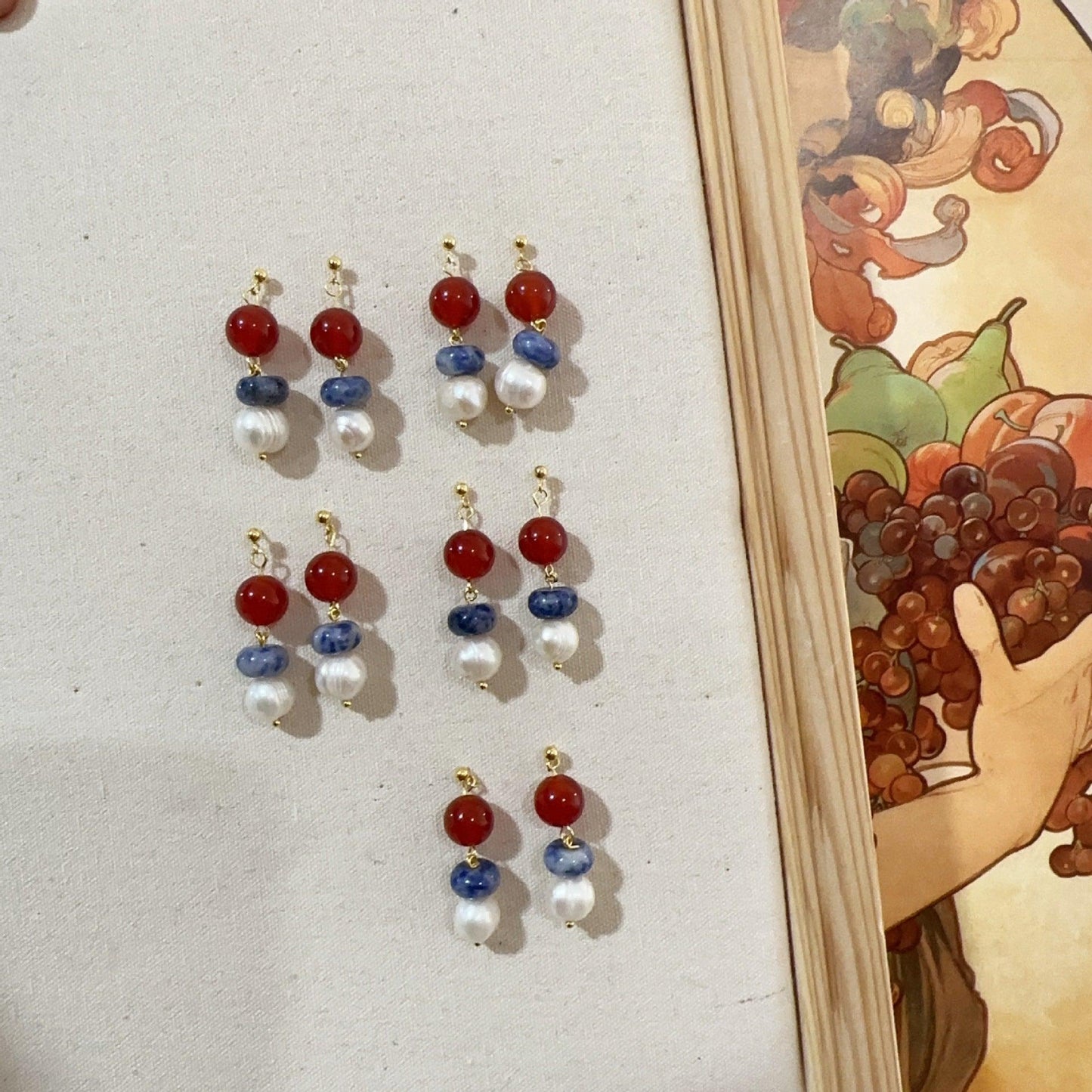 Natural Stone Original Design Hook Earrings – 925 Silver Dunhuang Red, White, and Blue Vintage Ethnic Style Earrings