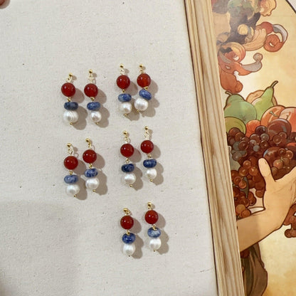 Natural Stone Original Design Hook Earrings – 925 Silver Dunhuang Red, White, and Blue Vintage Ethnic Style Earrings