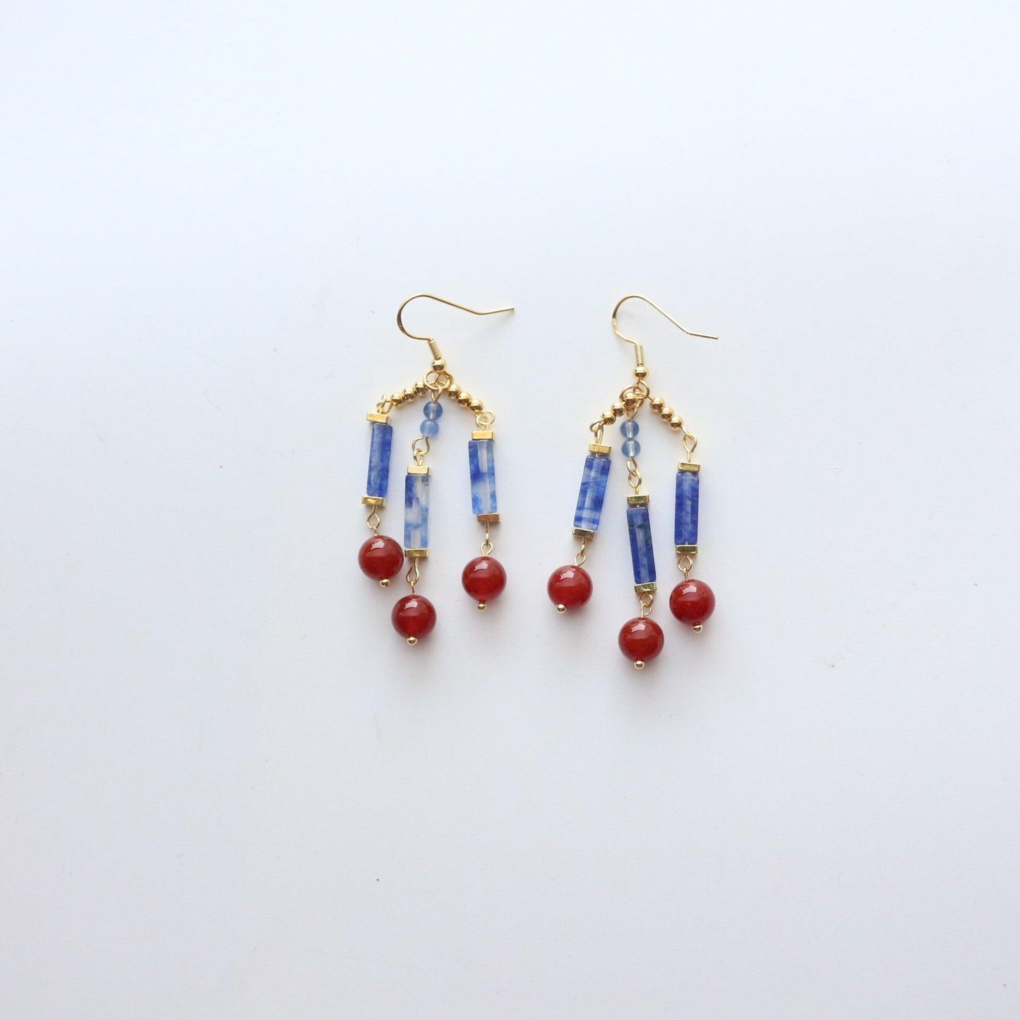 Elegant Dunhuang-Style Blue & Red Natural Stone Beaded Hook Earrings