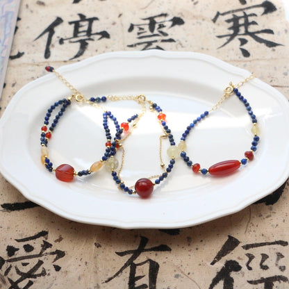 New Chinese Ethnic Style Lapis Lazuli & Yellow Crystal Bracelet – Dunhuang Style Red Agate Beaded Ring