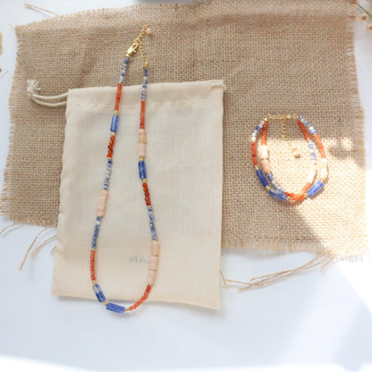 Orange-Blue Color Block Beaded Necklace | New Chinese Style