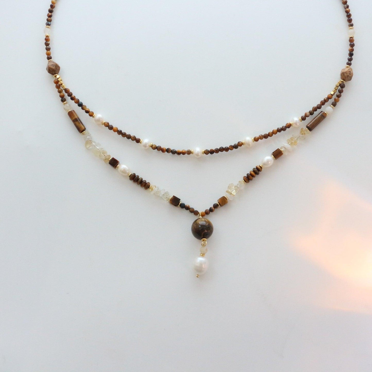 Murad Natural Tiger's Eye & Citrine Beaded Necklace – Double Layer Collarbone Chain with Vintage Freshwater Pearl Pendant