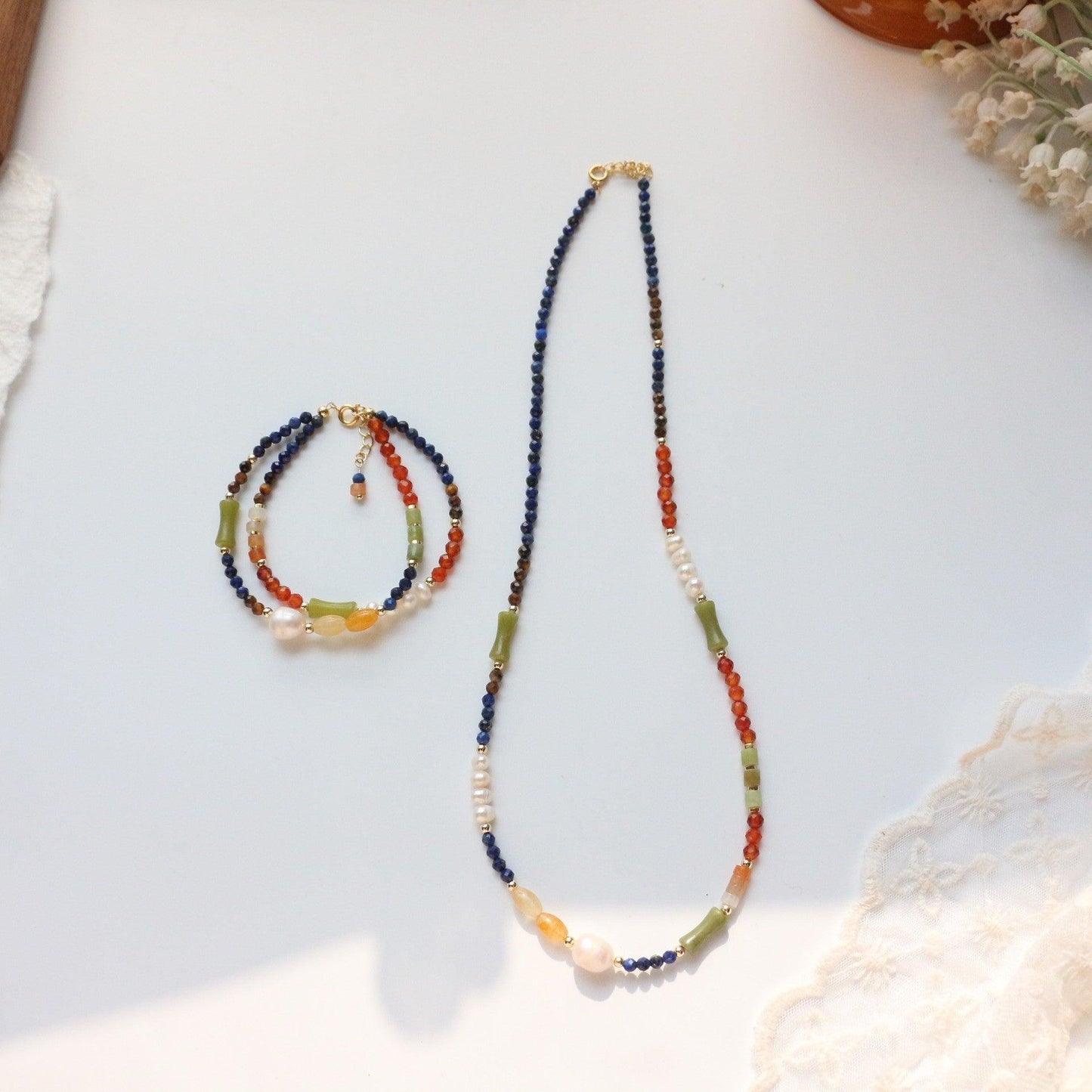 Rustic Colorful Natural Stone Beaded Necklace & Double Layer Bracelet – Unique Boho Style Jewelry