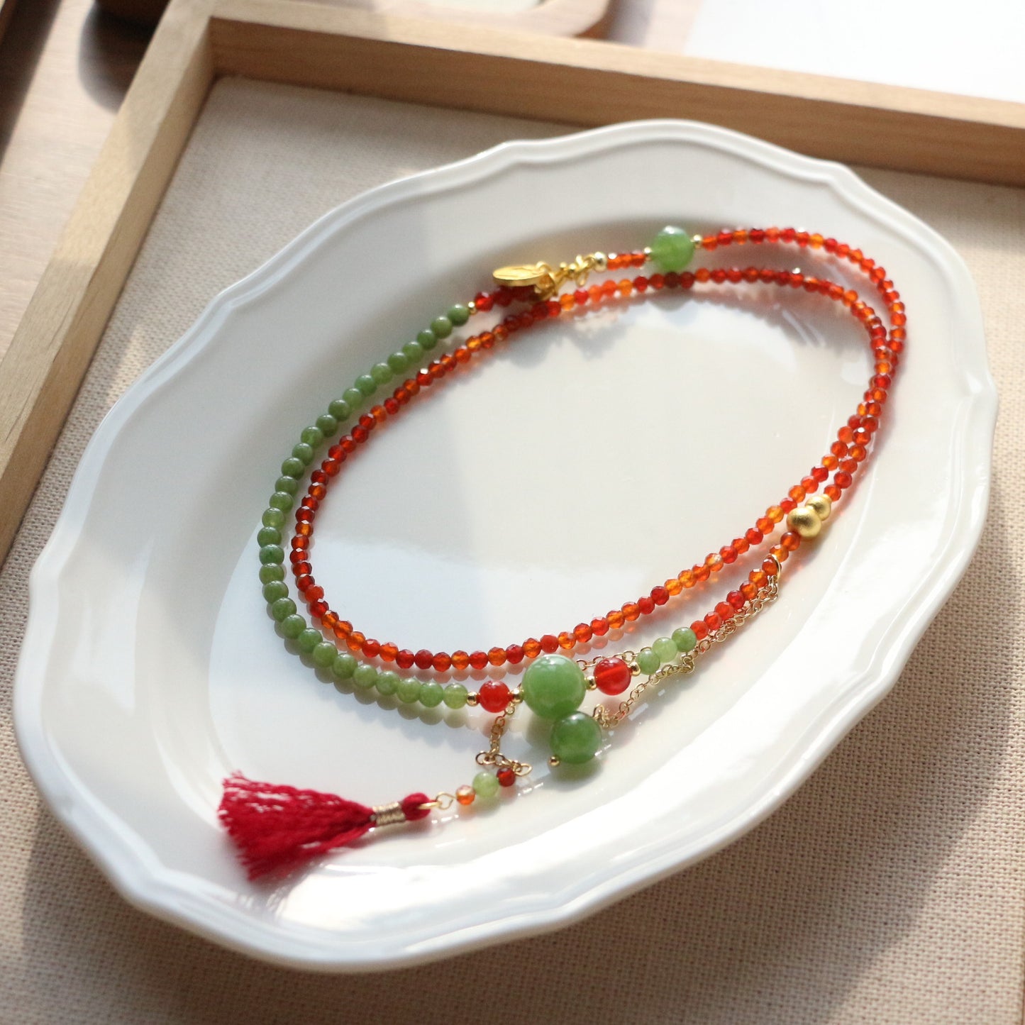 Beaded Necklace with Contrasting Red Agate and Green Chalcedony Tassels - Fringed Lapel Necklace