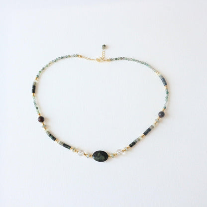 Natural Quail Stone & White Crystal East Timor Shimmering Stone Bead Necklace – Water Grass Agate Clavicle Chain & Bracelet Set